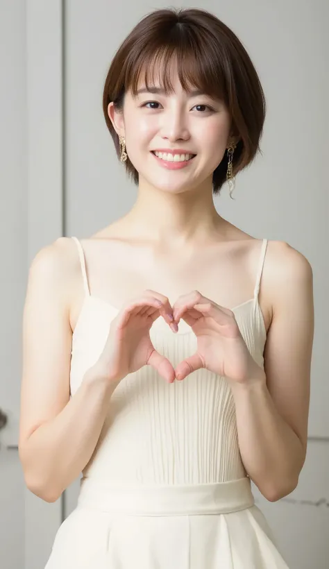  Super Fine、An upshot of her face、She has a smile showing her teeth, wears a camisole, and poses with her hands in the shape of a heart in front of her chest、The background is plain、  HD、細部にわたって HD