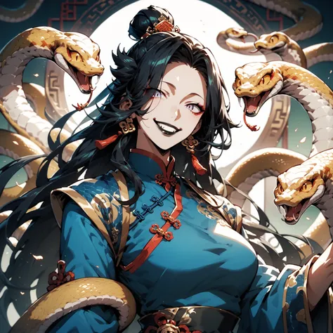 Dark fantasy style drawing, oil painting style, Masterpiece, a snake demon, tall, square jaw, long face, golden snakes curling around her arms, wearing Chinese clothes, gold accessories, friendly expression, clothed mouth smile, detailed face black lipstic...