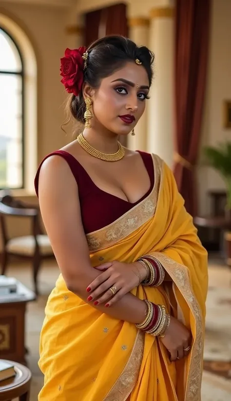 The scene unfolds in a grand, opulent study room with warm, soft lighting, casting a sensual glow over the interior. The South Asian woman, standing tall and confident, is the center of attention. She wears a luxurious yellow sari, the fabric rich and flow...