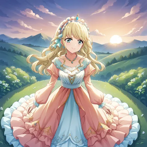 score_9, score_8_consolation, score_7_consolation, score_6_consolation, 1 woman, Shiori ,  blond hair ,  long hair ,Epolite ,  headdress ,  cold wind,  princess dress , long dress, pink lips, prairie, sunset,  sternum,  light smile in lyrics , necklace