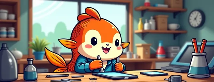 Mobile repairing koi cartoon image 8k