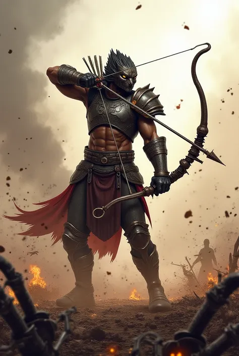 a warrior man , With a manbas head,  on a battlefield, With an arrow in hand