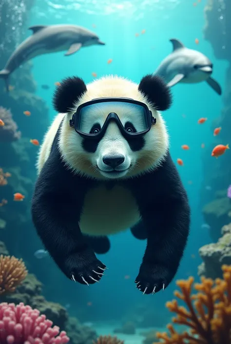  A furry cute black and white panda ，Wearing a diving mask on his head，Mouth wearing diving cap with snorkel ，Diving in the Caribbean，There are a lot of fish next to it， underwater with coral reef ，There are two dolphins ，and a great white shark， realistic...