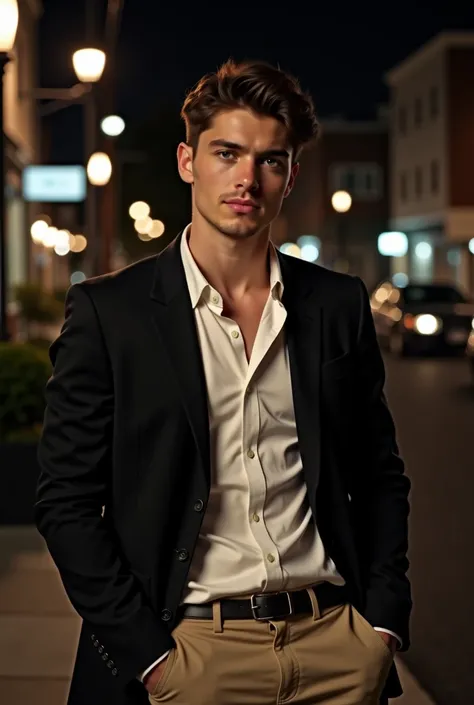    A man with a youthful and attractive appearance  .   Her hair is short and dark brown  ,    pants with a casual and slightly wavy style  .    He has a confident and relaxed expression     .    He wears a white dress shirt, black jacket and khaki pants, ...