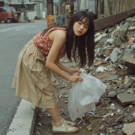  Hair, 20 year old girl, bangs, long hair, straight hair,dirty red floral tank top dress, rough skin, taken from the side,Sidewalk corner ,Garbage dump,I'm fishing for transparent trash bags 