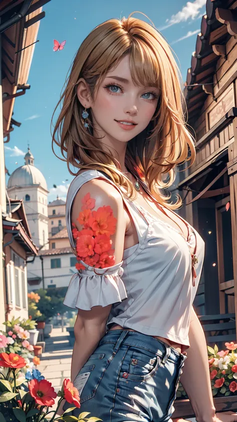 ( top quality,  Masterpiece),  1 girl,  pose ,  particle, wind, flower,  upper body,   simple background,  year old viewer,  blond, galaxy,  Rainbow（rainbow）Hair Color、 long eyelashes、 eyeshadow、 lip gloss、 blue eyes、 high neck tops that hit the body（ slee...