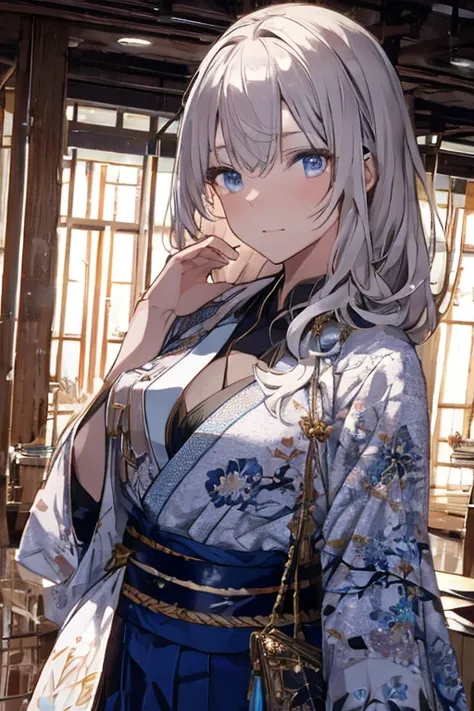 (from below:1.3,Best Quality),a girl ,kimono uniform:1.3 ,platinum color hair,Purplish  blue eyes that dreamers desire, small stature, medium tits , Lori face, (masutepiece:1.2, Best Quality), (finely detailed beautiful eye: 1.2), (beautifull detailed face...