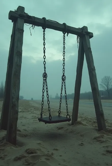 outer:  beach with a deserted and sad playground with an iron swing that rocks by itself and squeaks.  In the background there is a road and it's evening , The sky is cloudy .