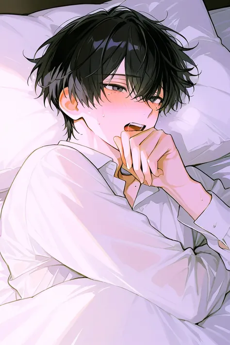 1male,black hair,over sized white business shirt,mole under eye,dark gray eye, lie on the bed,handsome,morning,shy expression,blush,orgasm,open one's mouth,sweat,one man,put your face on the pillow