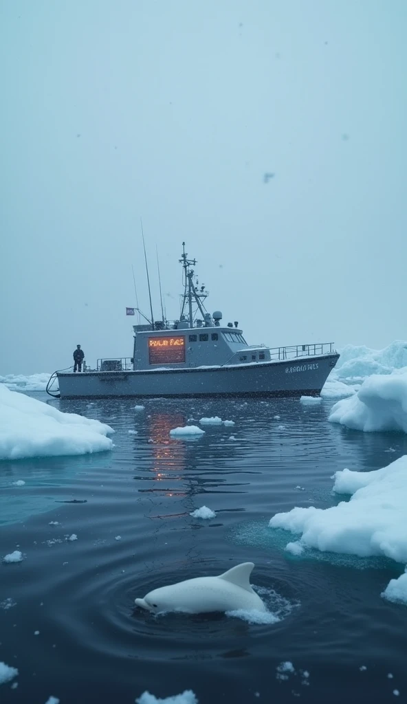 A dramatic Arctic scene with a cold, snowy ocean surrounded by gentle snowfall. A digital navy boat labeled "@Polar_Facts" floats on the ocean surface, emitting a soft glow from its digital board. Two navy officers, dressed in cold-weather navy uniforms, s...