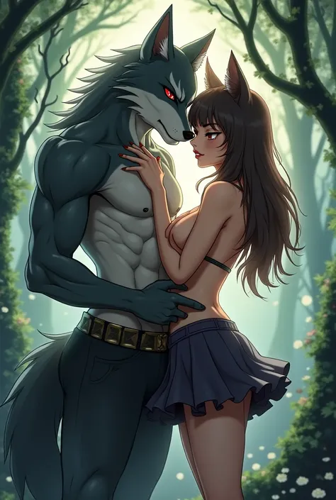 Create a woman looking like a wolf in sexy poses with a naughty little face in an anime-shaped forest dressed in a short skirt without a blouse and with her tits out a man with the appearance of a warrior wolf on her side hugging her and looking at her nec...