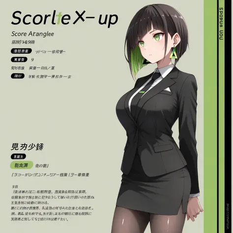 masterpiece, (((( best quality )))),1 girl, Japanese Anime ,character profilele,shiny skin, wearing a black suit,skirt suit, black tie , dark hair, short bob hair,The inner color of the hair is green, green eyes,isosceles triangle earrings, black tights,la...