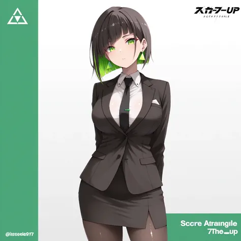 masterpiece, (((( best quality )))),1 girl, Japanese Anime ,character profilele,shiny skin, wearing a black suit,skirt suit, black tie , dark hair, short bob hair,The inner color of the hair is green, green eyes,isosceles triangle earrings, black tights,la...