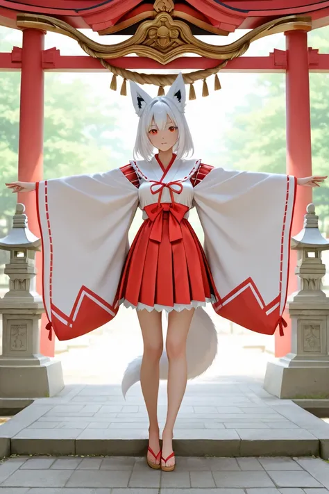 　Fox　Shrine maiden costume　whole body　front　 standing　Spread your arms straight to the side　Sandals　Tail　Great body