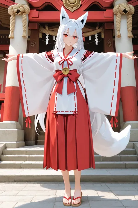 　Fox　Shrine maiden costume　whole body　front　 standing　Spread your arms straight to the side　Sandals　Tail　Great body