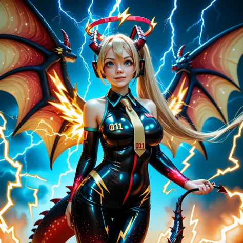 (((Hatsune Miku))), propotional body, ((Gorgeous)), (((young girl face))), ((demon Horns)), ((Black Gear halo)), ((Lightning Power)), ((Electricity)), ((Fire Background)), ((Lightning Storm)), ((Power Erupting)), (((Evil Power))), (((Busty))), (((dragon st...