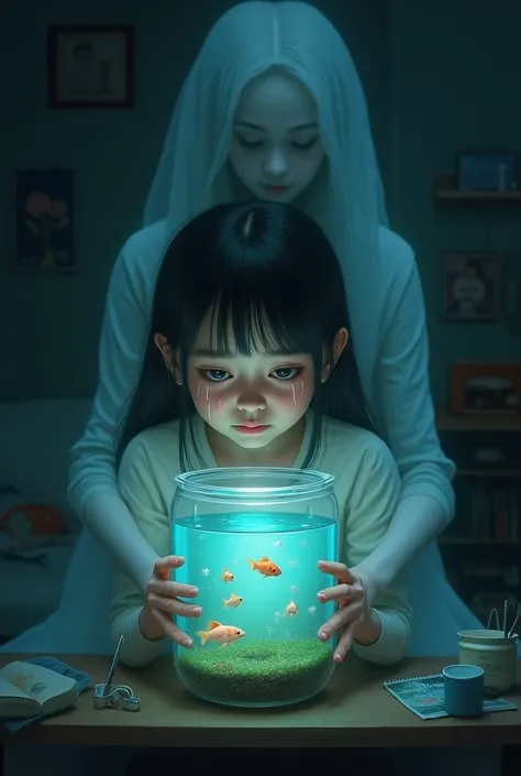 crying Girl hugging small aquarium with fish and her ghost mother hugging her