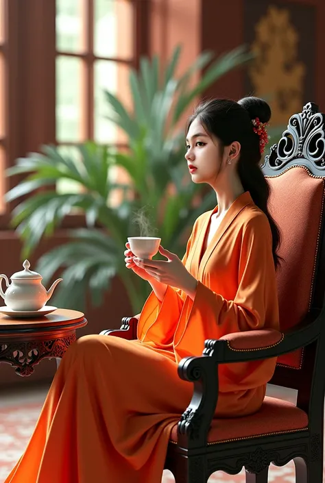 A yang woman is take a tea in king chair 