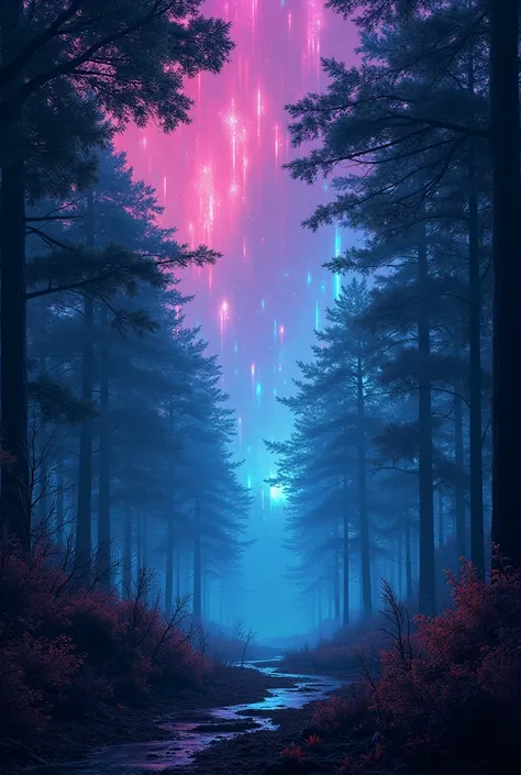 Create a night scene with neon lights in the sky showcasing a deep forest. 