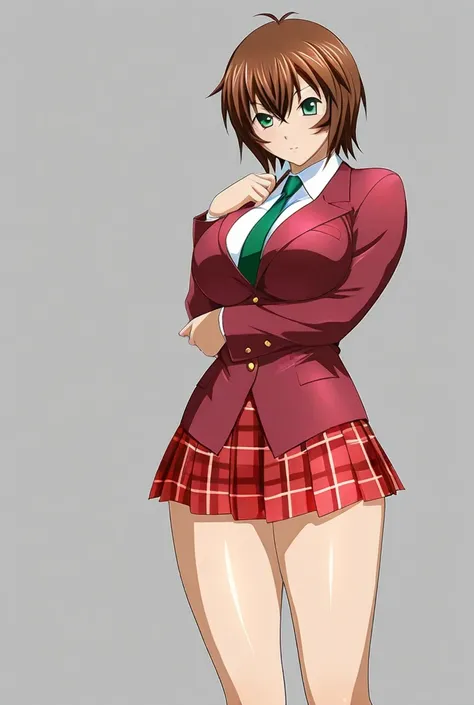 chinkyuu koudai \(ikkitousen\),short hair,brown hair,green eyes,large breasts,dark red blazer,deep green necktie,plaid skirt,pleated skirt,red skirt,dark blue sox,