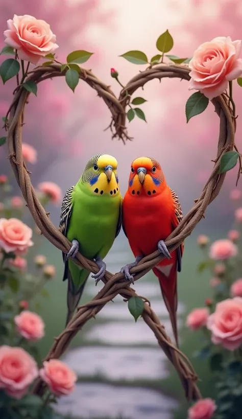 Two budgerigars, a green and a red one, perched on intertwined, light brown,  vines.  The green budgerigar is positioned slightly to the left of center, while the red one is positioned to the right.  Both birds are facing forward, looking towards the viewe...