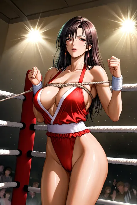 a woman that is standing up in the ring holding a rope, a detailed painting, neogeo, boxing ring, top rated on pixiv, realistic anime style at pixiv