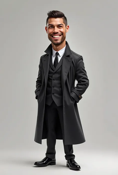 "A Cristiano Ronaldo highly detailed, semi-realistic caricature of a confident Cristiano Ronaldo with a well-groomed beard and stylish hair. He is wearing a sleek black trench coat over a formal black suit, with a white shirt and black tie. His shoes are p...