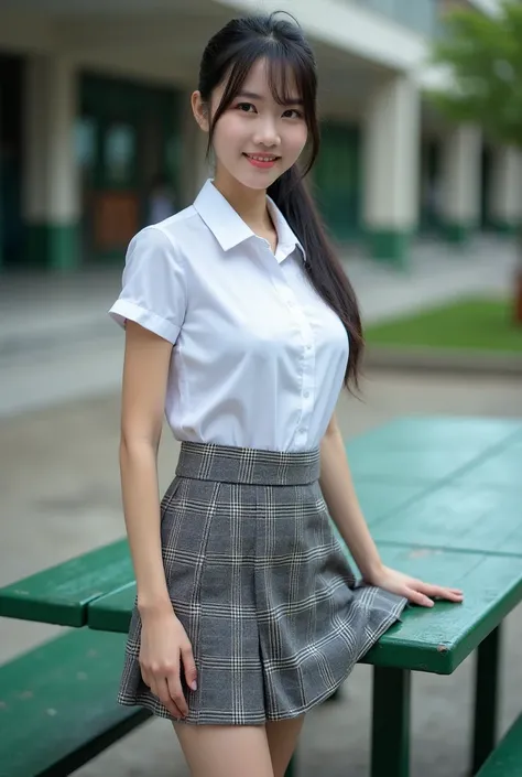 Real photos High-quality Realistic of thai woman, Beautiful girl (((large breast , big breast , nsfw))) , Best Quality, 20 years old thai girl in a school uniform astanding near a green metal table,  She is wearing a white shirt(((large breast , big breast...