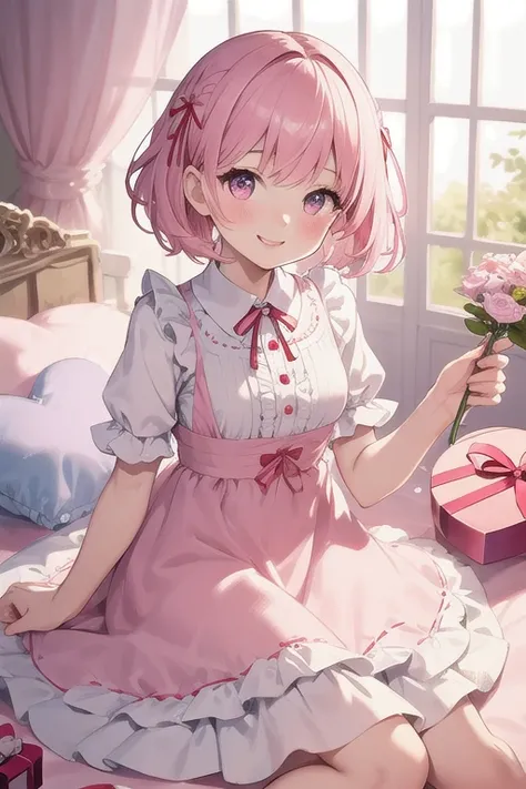 Top quality, high resolution, detailed, beautiful picture quality, one girl, cute pale pink dress with frills, short hair, smiling face, big red ribbon in hair, lolicon feeling, little sister, cute design with pink as main color, overall sweet and dreamy a...