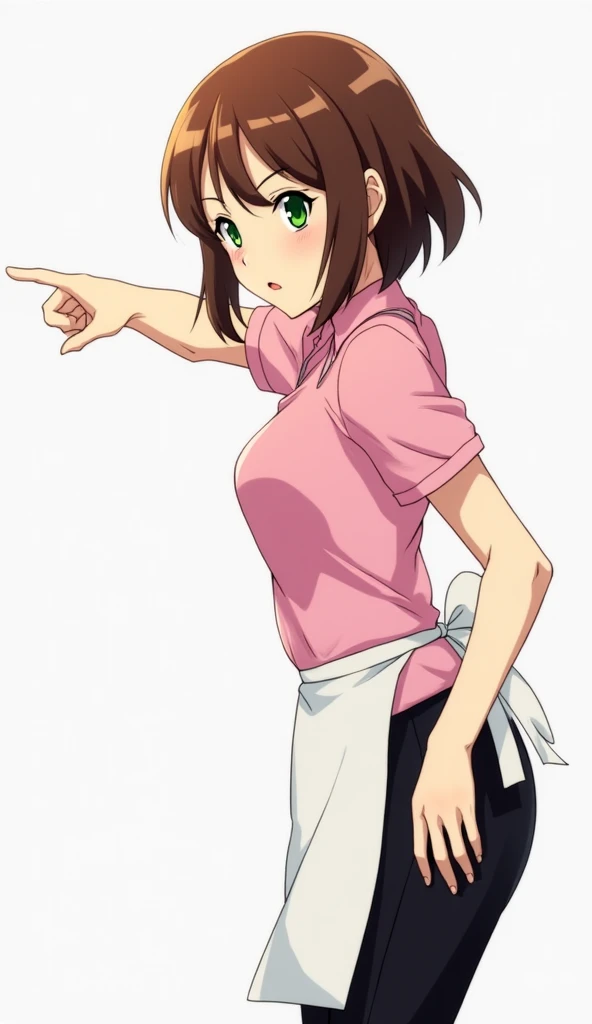 A girl with brown hair and green eyes wearing a pink shirt and black pants wearing a white apron over her waist while having a scolding look pointing to the right with her right arm looking down.  perspective: left profile. Current anime style 