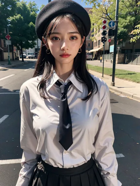 delicate facial features, very detailed eyes and face, realistic face proportions, earring, big breasts, narrow waist, black hair, sweat, beret, skirt, school uniform, tie, blazer, outdoor, cowboy shot, 