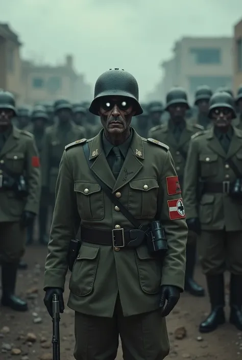 Hundreds of Zombies, typical uniforms of German Nazi soldiers,typical helmet of German Nazi soldiers,typical German Nazi army boots, typical German Nazi army pants,Black eyeballs,Posing for the Heil Hitler salute,Front view, camera zoom from bottom to top,...