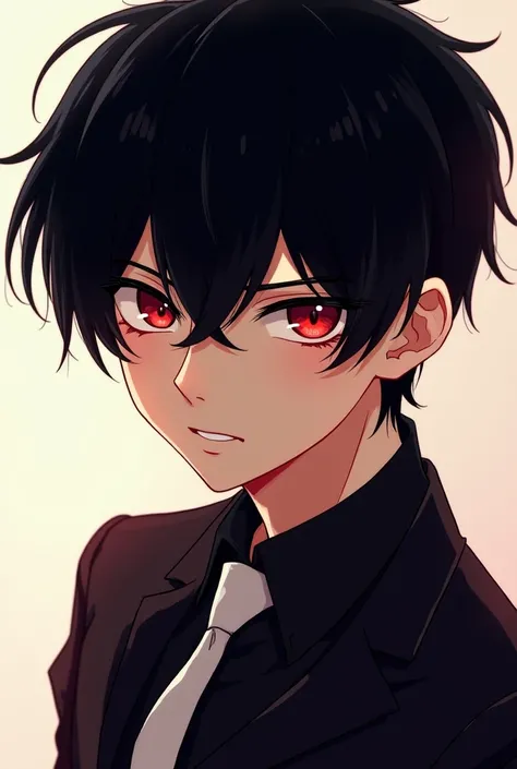 can you generate a picture of a guy with black hair and red eyes who look calm but handsome in anime style 