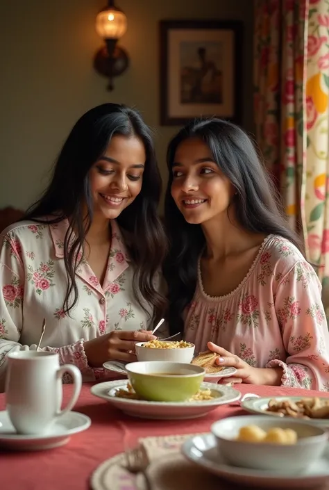 a 21 years old young indian bimbo girls with huge boobs and thick thighs having breakfast with her mother. girl is cute and young and her mother is a middle aged women. their dark hair cascading down her back. both wearing Lettuce Trim PJ & Pajama Set. the...