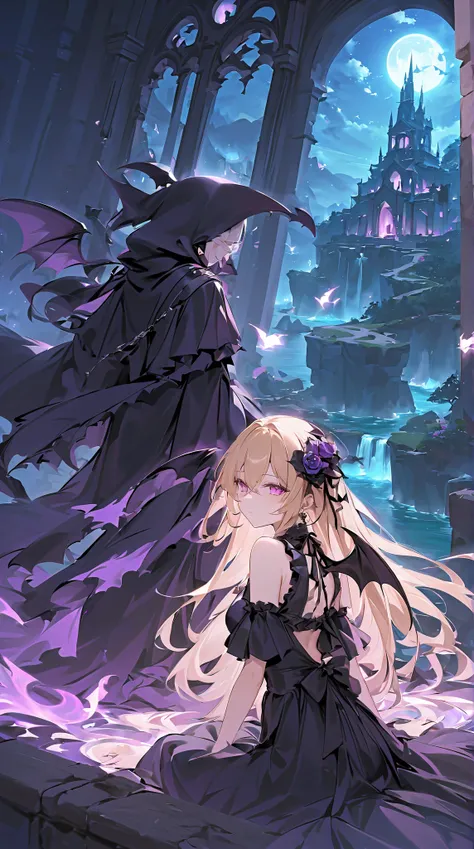  high resolution,  Fantastic, fantasy,Ancient City, bangs between eyes,  blonde,  very long hair,  character profile on the sea cliff , bat wings on back,grim Reaper,vampire, Ghosts, gothic dress with an empty back, frill,Pale complexion,meditation,pray, b...