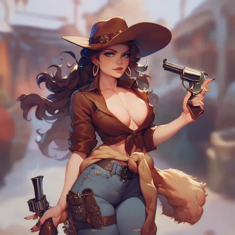 2D female cowboy, dark coloured clothing, wide-brimmed cowboy hat, fuzzy messy dark brown hair, dark poncho covering most of upper body, revolver holstered with gun belt around waist