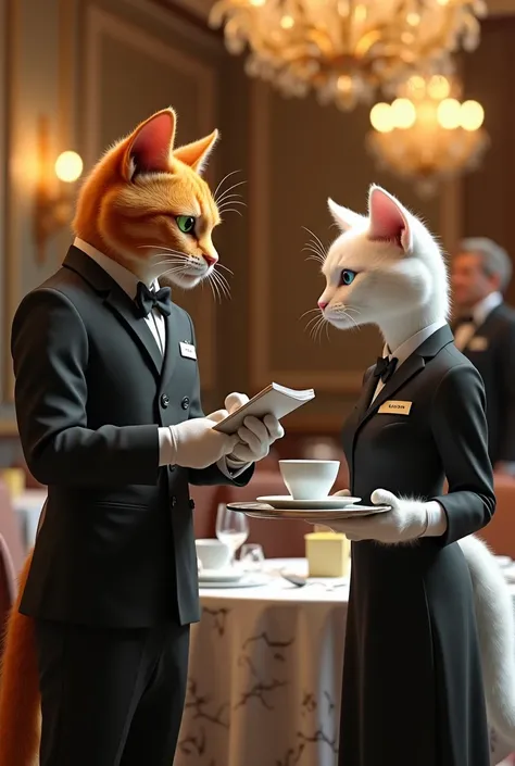 Full-body view of two anthropomorphic cat waiters, a serious orange tabby (Leo) and a composed white cat (Luna), mid-conversation in a lavish hotel dining room. The orange male cat leans slightly forward in his sharp black waiter uniform, gesturing with a ...