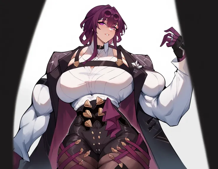 ((Highest quality)), ((masterpiece)), (detailed), （Perfect Face）、kafka, eyewear on head, round eyewear, purple eyes, purple hair, long hair,
black jacket, gloves, high-waist shorts, jacket, pantyhose, pantyhose under shorts, shirt, shorts, white shirt,extr...