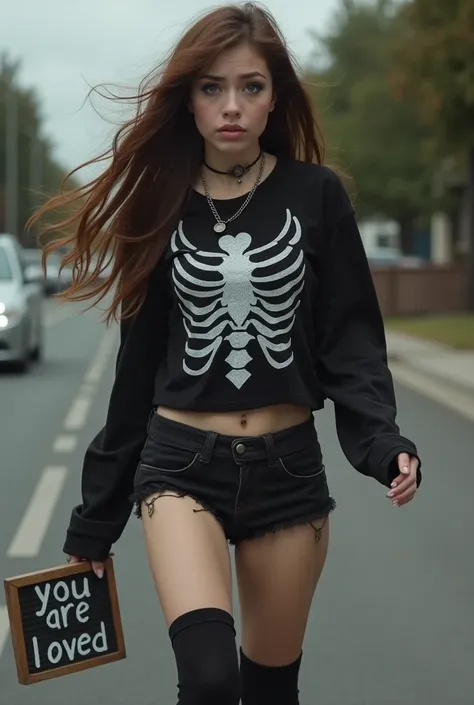 A sweet emo/gothic woman big cute brown hair. Long eyelashes and blue eyes. Makeup running from crying Wearing a skull black shirt and mini shirt with long socks and heeled boots. Holding a sign saying “you are loved” 