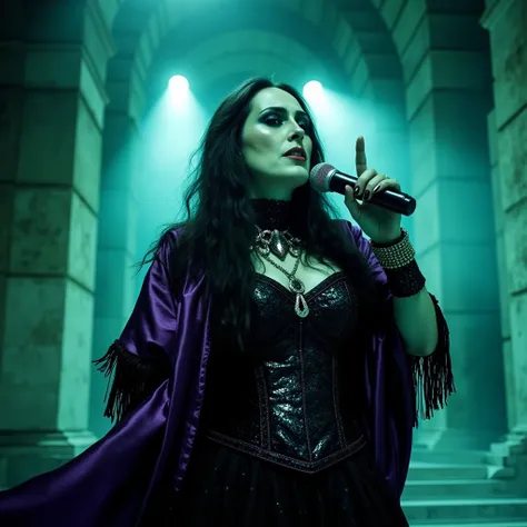 shrdl, cinematic, a metal rock singer, in a mausoleum, she's wearing a very fancy high neck black dress, and a purple long coat with gothic style , she has extreme makeup, she's wearing necklaces, bracelets and silver rings, stanging in front of the audien...