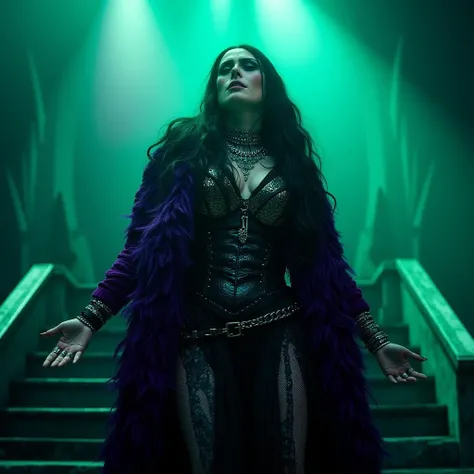 shrdl, cinematic, a metal rock singer, in a mausoleum, she's wearing a very fancy high neck black dress, and a purple long coat with gothic style , she has extreme makeup, she's wearing necklaces, bracelets and silver rings, stanging in front of the audien...