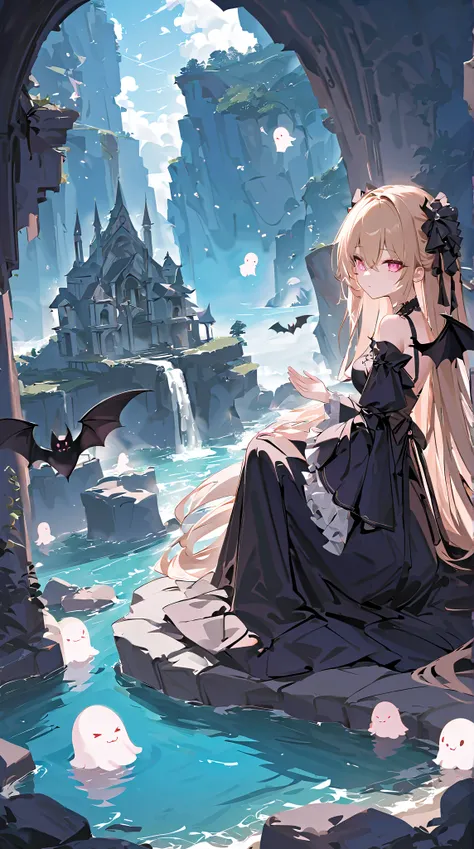  high resolution,  Fantastic, fantasy,Ancient City, bangs between eyes,  blonde,  very long hair,  character profile on the sea cliff , bat wings on back,grim Reaper,vampire, Ghosts, gothic dress with an empty back, frill,Pale complexion,meditation,pray, b...