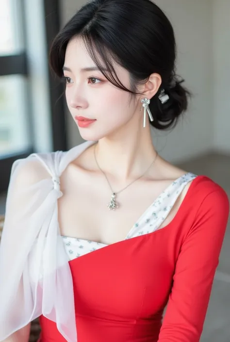 (  Slim fit  ,         Super detailed face        ,         best quality        : 1.2),        Korean Beauty Close-up Top              ,  red,         White Asymmetric Leakage Shoulder Tight Evening Dress, Print Pattern         ,               Translucent ...