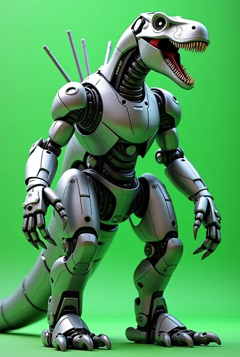 One Tyrannosaurus-shaped robot, silver, with antennas, mouth wide open, hands rather large. Background is green, no shadows.
