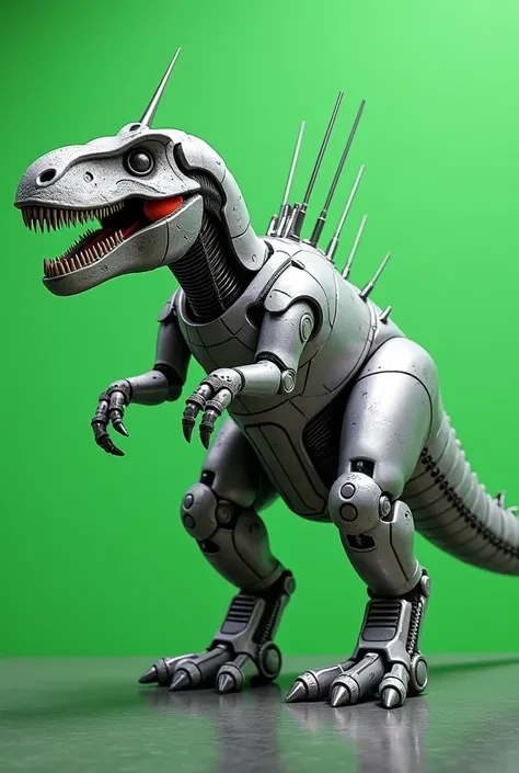 One Tyrannosaurus-shaped robot, silver, with antennas, mouth wide open, hands rather large. Background is green, no shadows.
