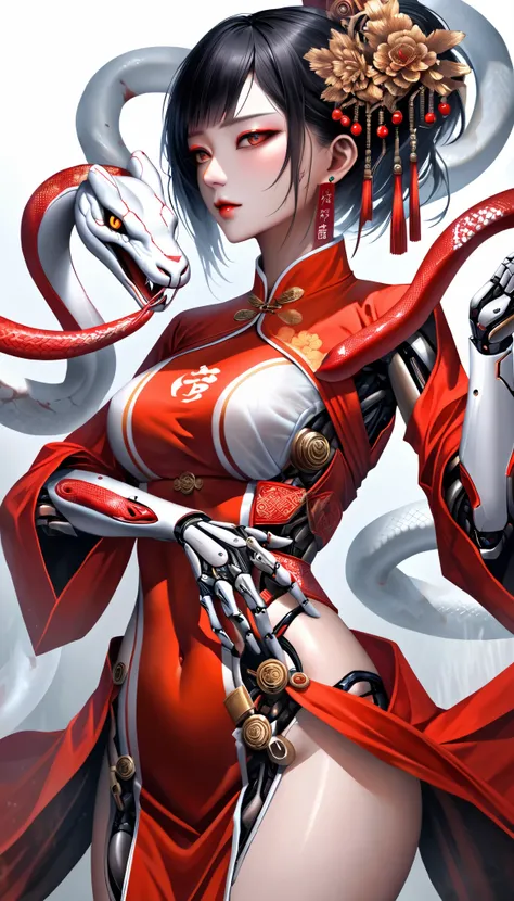 transparent oil color style, super realism, a female cyborg, wearing traditional Chianese dress with ear of bunny girl, add on to white snake protector, used fine detailed hard material, BREAK super attack of snake bite, 