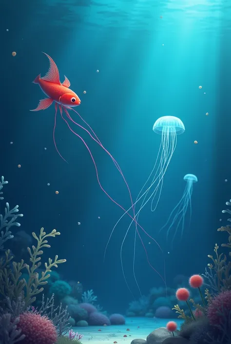 good! So :

 Red line for fish

White line for jellyfish

The yellow line is still free, it could possibly be an air bubble , Plankton,  or some other small animal

create a stylation  
