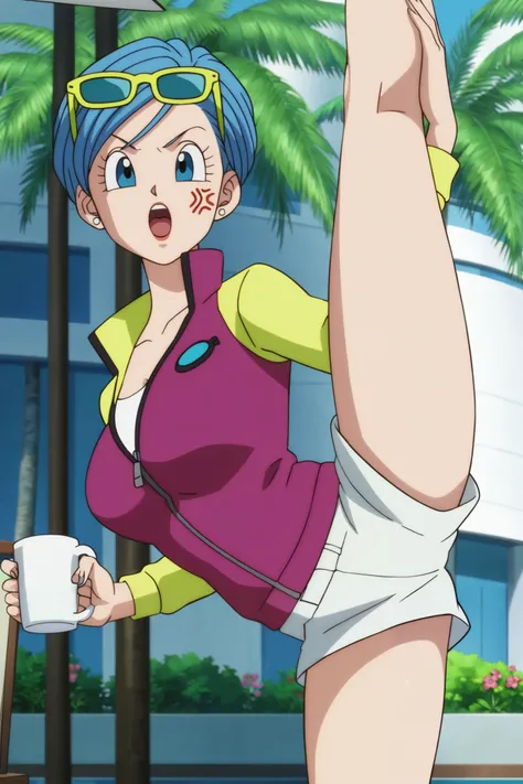 source_anime, score_9, score_8_up, score_7_up, anime screencap,8k, absurd res, 
bulma, 1girl, solo, short hair, open mouth, blue eyes, jewelry, blue hair, flower, :d, earrings, shorts, tree, cup, sunglasses, eyewear on head, white shorts, palm tree,  two t...