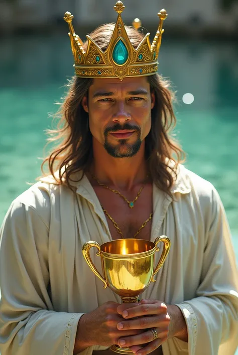 brad pitt as sexy king of cups, long hair, small beard, white and gold robes, gold crown  with aqua stone,  holding gold chalice, serene eyes, half smile, water