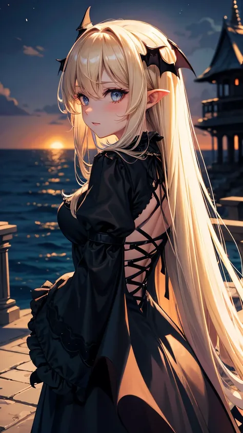  high resolution,  Fantastic, fantasy,Ancient City, bangs between eyes,  blonde,  very long hair,  character profile on the sea cliff , bat wings on back,grim Reaper,vampire, Ghosts, gothic dress with an empty back, frill,Pale complexion,meditation,pray, b...